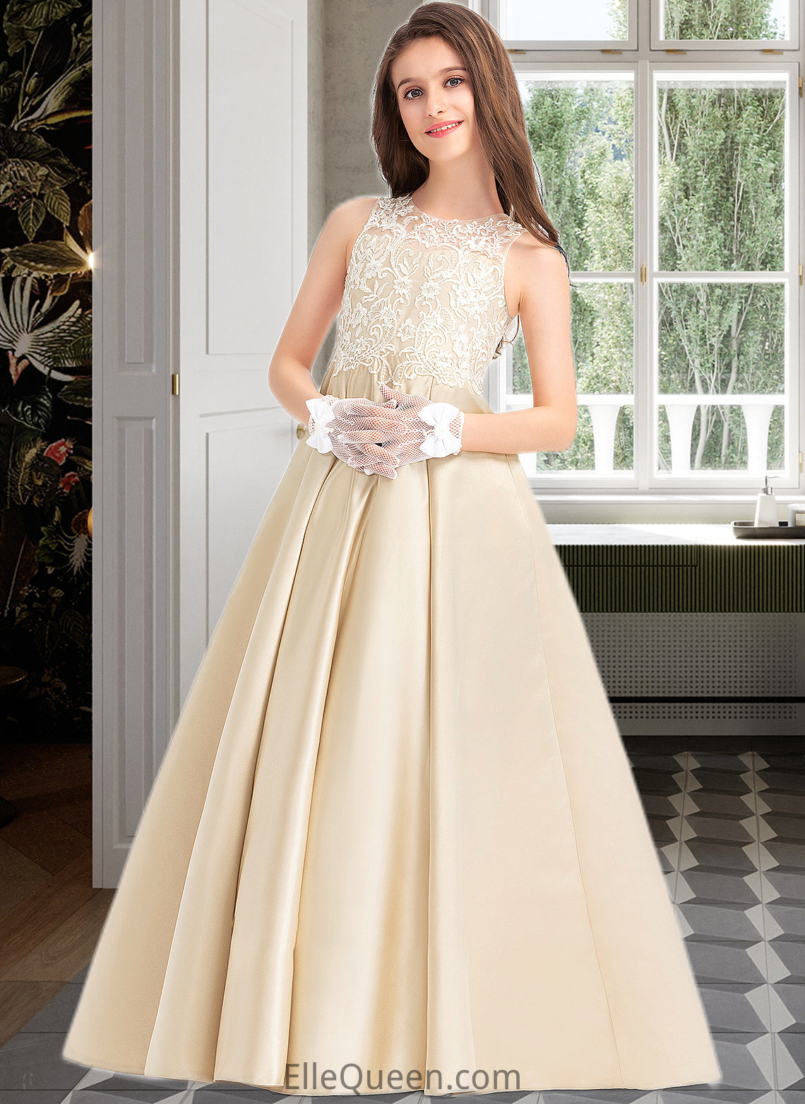 Beryl Ball-Gown/Princess Scoop Neck Floor-Length Satin Lace Junior Bridesmaid Dress DGP0013374