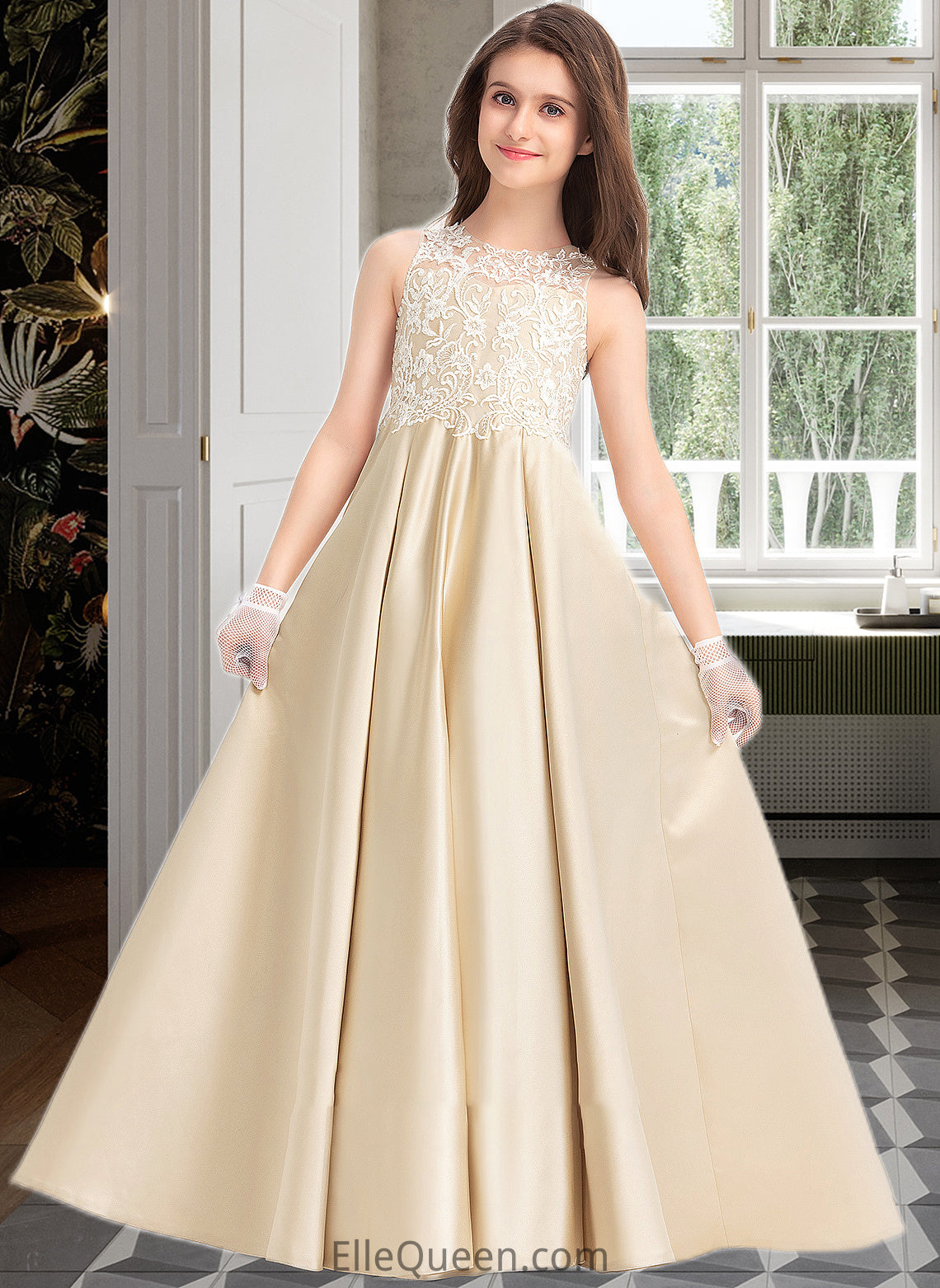 Beryl Ball-Gown/Princess Scoop Neck Floor-Length Satin Lace Junior Bridesmaid Dress DGP0013374