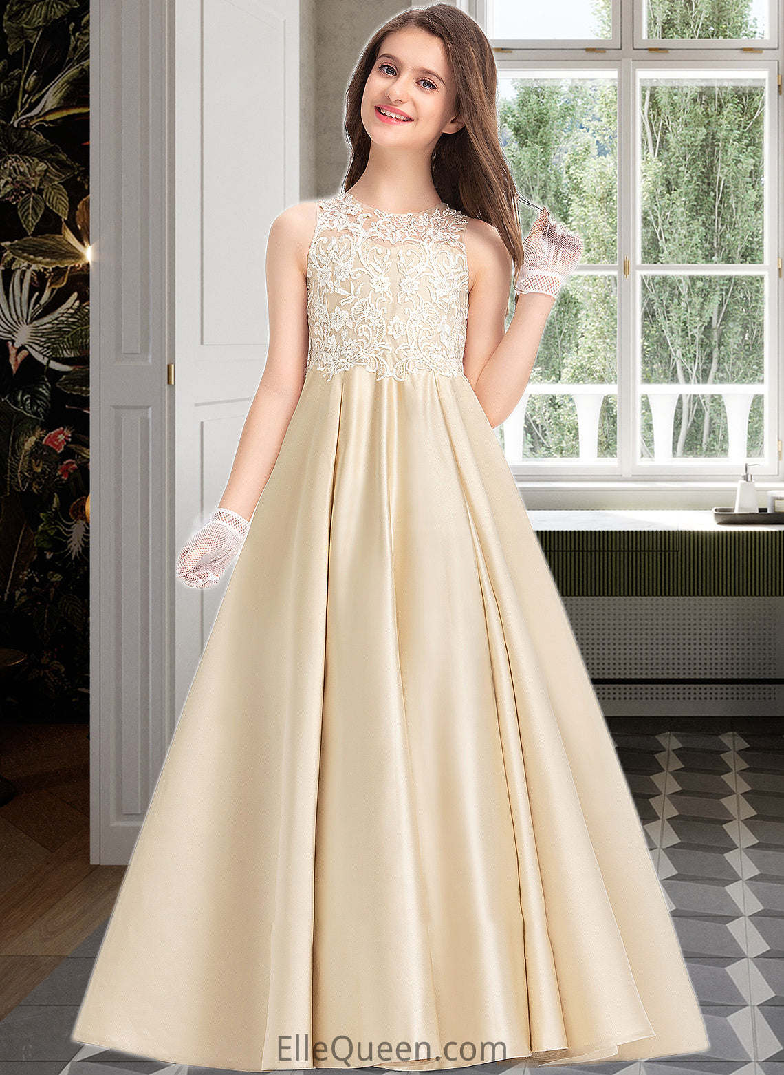 Beryl Ball-Gown/Princess Scoop Neck Floor-Length Satin Lace Junior Bridesmaid Dress DGP0013374