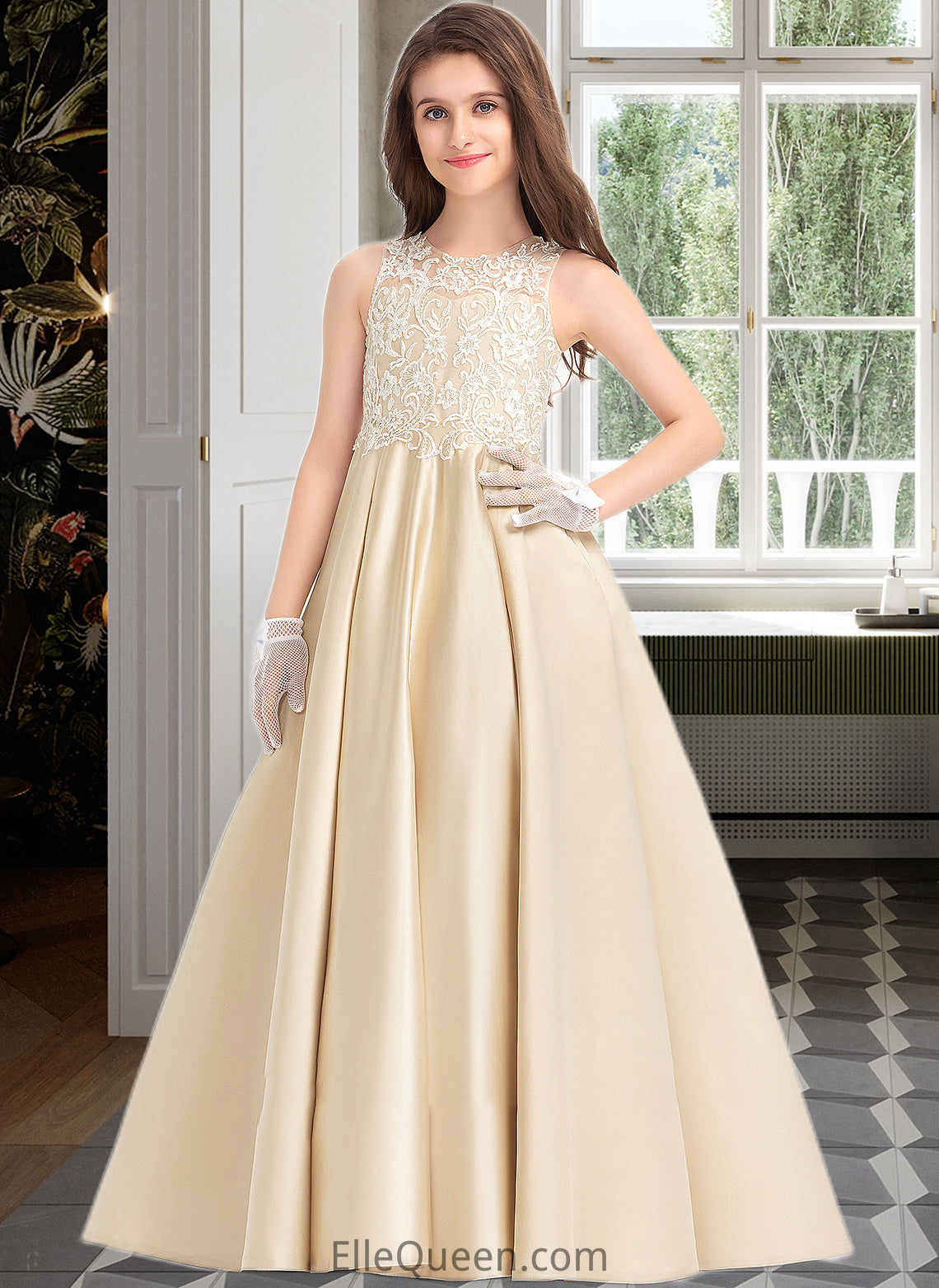 Beryl Ball-Gown/Princess Scoop Neck Floor-Length Satin Lace Junior Bridesmaid Dress DGP0013374