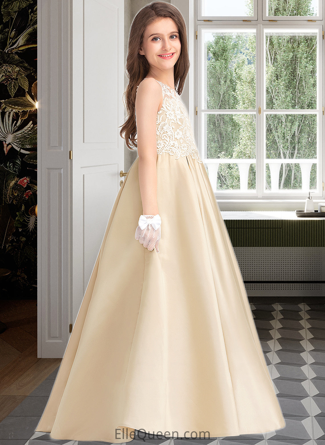 Beryl Ball-Gown/Princess Scoop Neck Floor-Length Satin Lace Junior Bridesmaid Dress DGP0013374