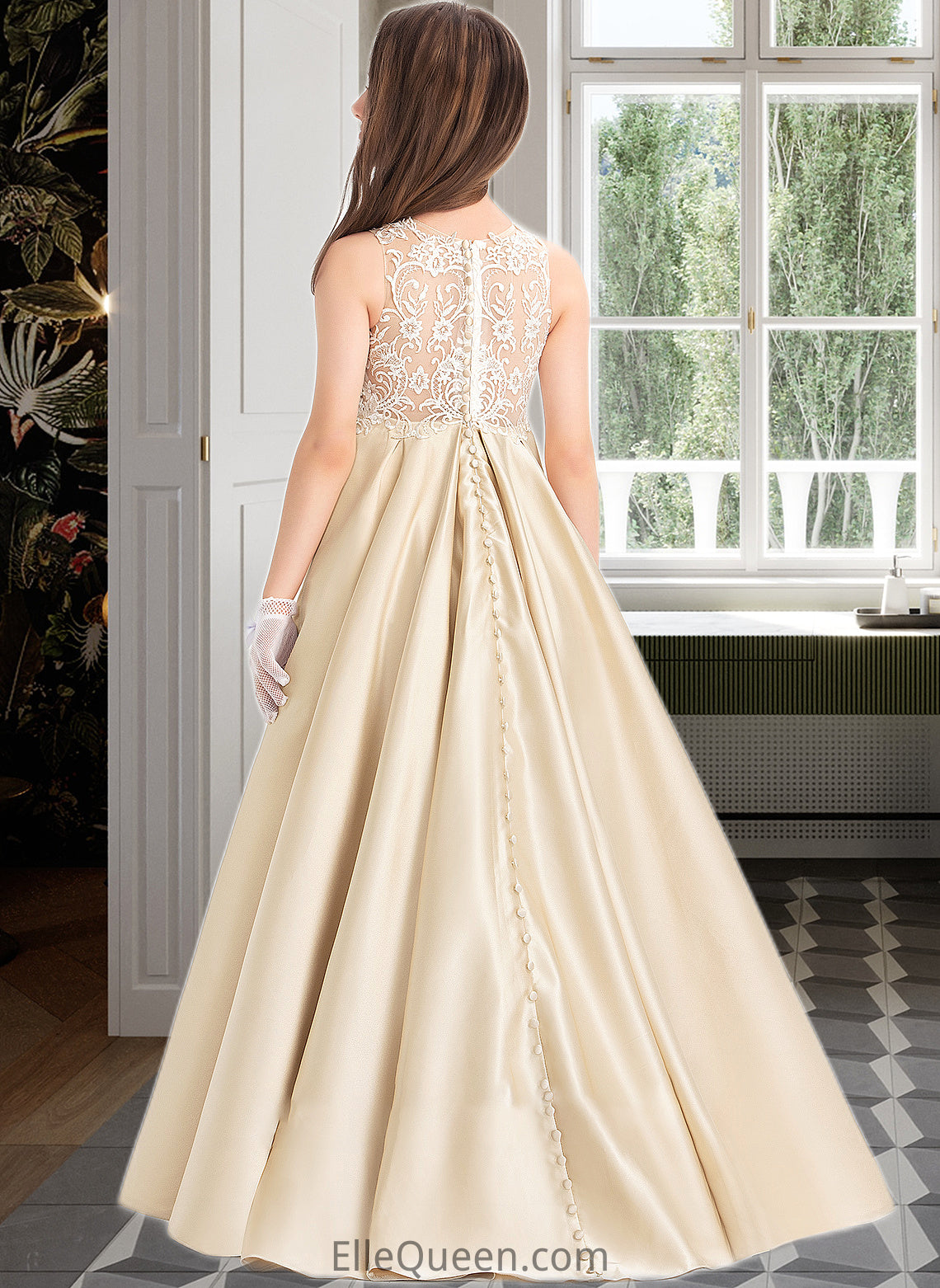 Beryl Ball-Gown/Princess Scoop Neck Floor-Length Satin Lace Junior Bridesmaid Dress DGP0013374