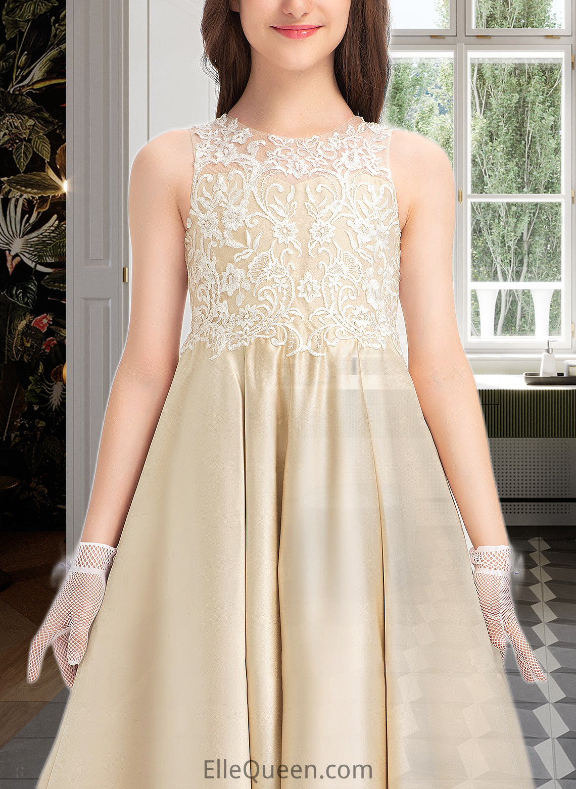 Beryl Ball-Gown/Princess Scoop Neck Floor-Length Satin Lace Junior Bridesmaid Dress DGP0013374