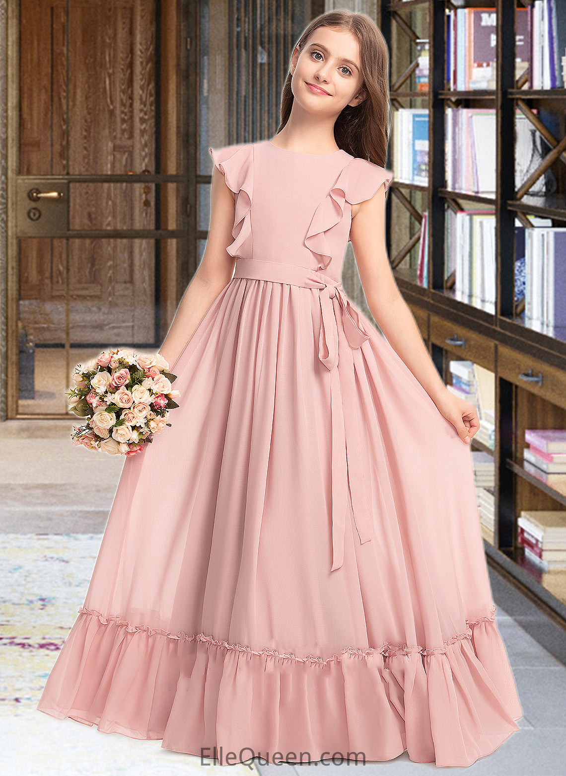 Maren A-Line Scoop Neck Floor-Length Chiffon Junior Bridesmaid Dress With Bow(s) Cascading Ruffles DGP0013375