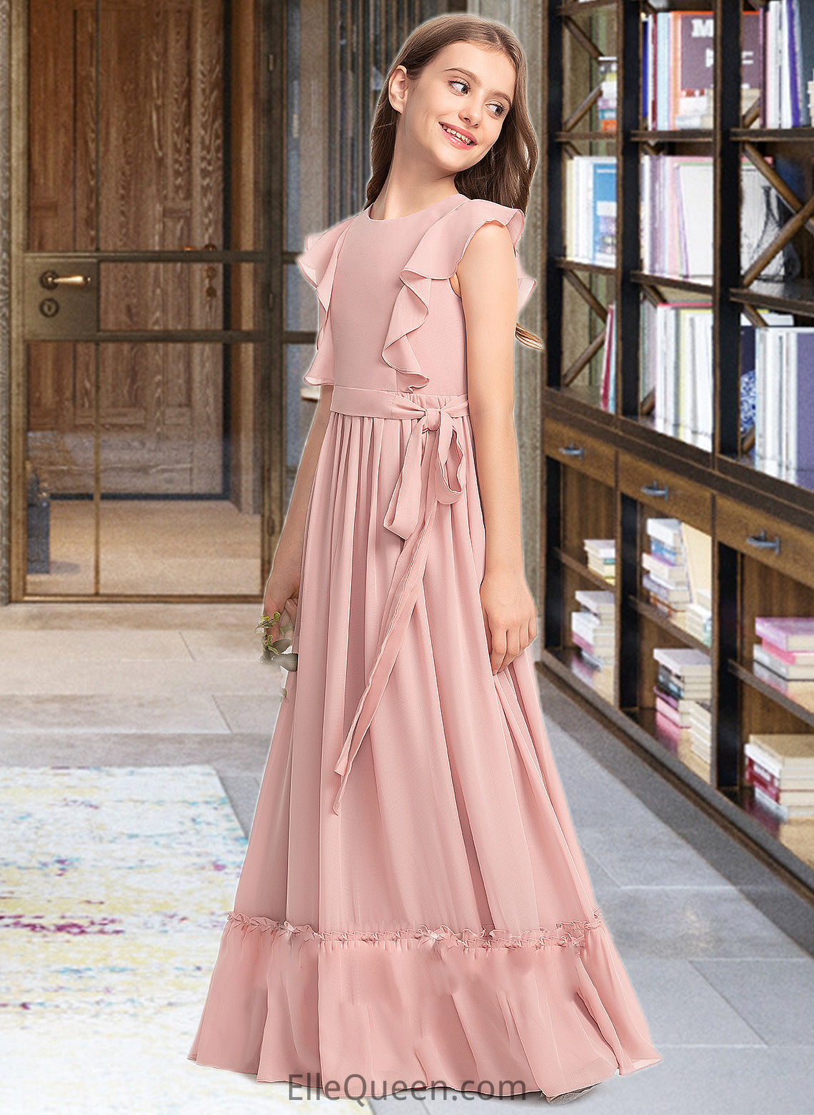 Maren A-Line Scoop Neck Floor-Length Chiffon Junior Bridesmaid Dress With Bow(s) Cascading Ruffles DGP0013375