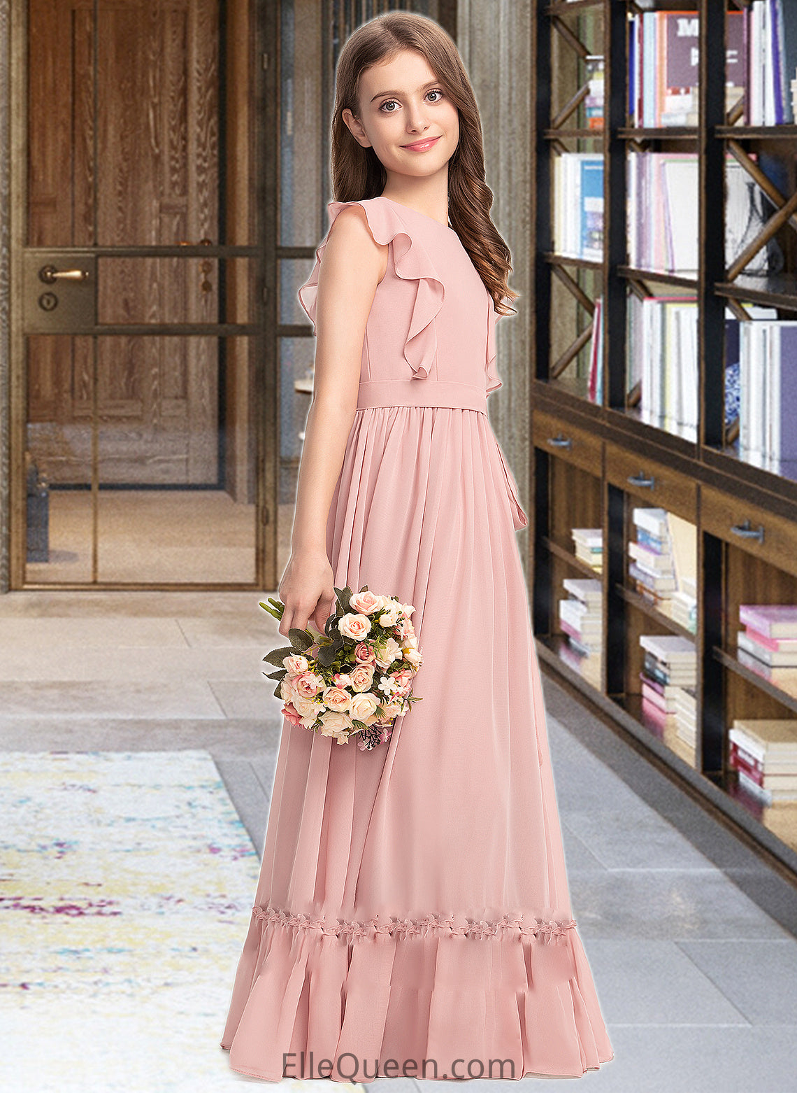 Maren A-Line Scoop Neck Floor-Length Chiffon Junior Bridesmaid Dress With Bow(s) Cascading Ruffles DGP0013375