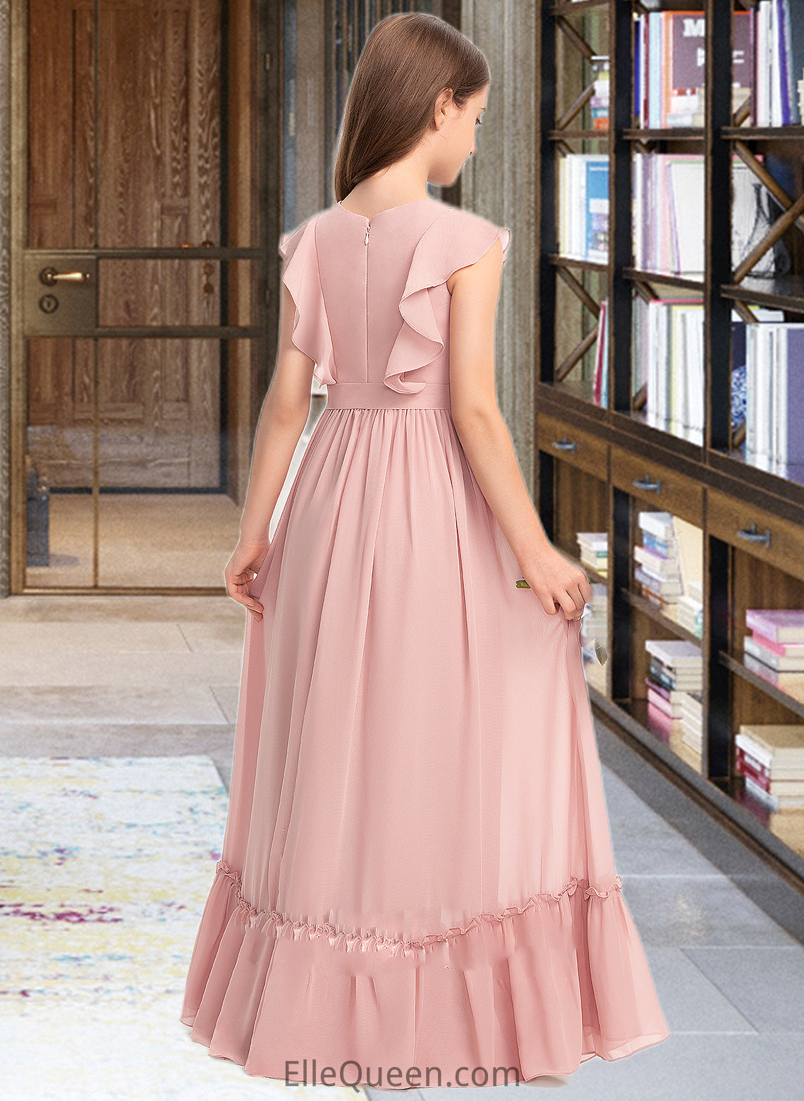 Maren A-Line Scoop Neck Floor-Length Chiffon Junior Bridesmaid Dress With Bow(s) Cascading Ruffles DGP0013375