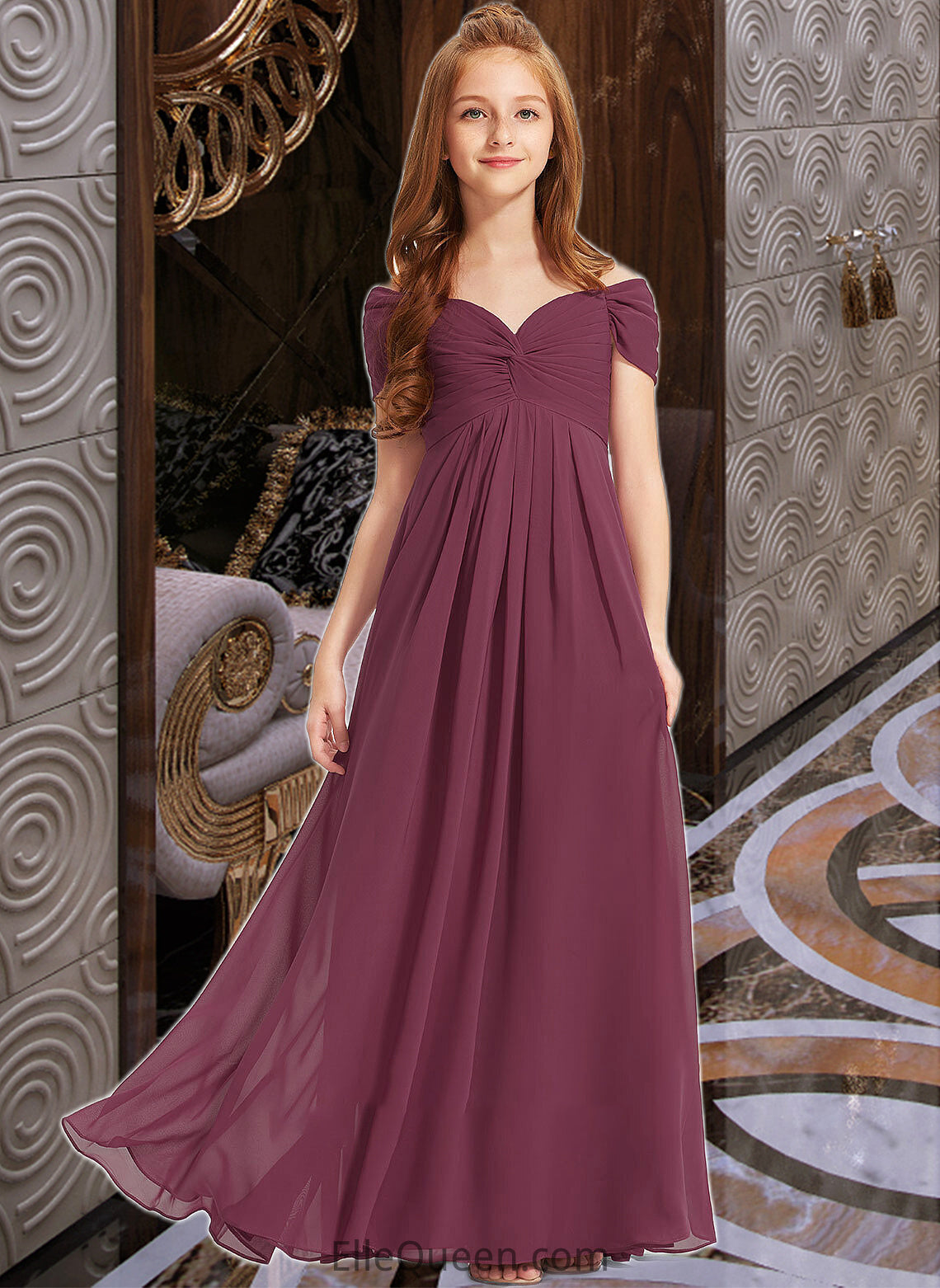 Robin A-Line Off-the-Shoulder Floor-Length Chiffon Junior Bridesmaid Dress With Ruffle DGP0013376