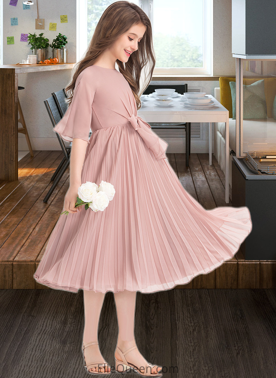 Rosa A-Line Scoop Neck Knee-Length Chiffon Junior Bridesmaid Dress With Bow(s) Pleated DGP0013377