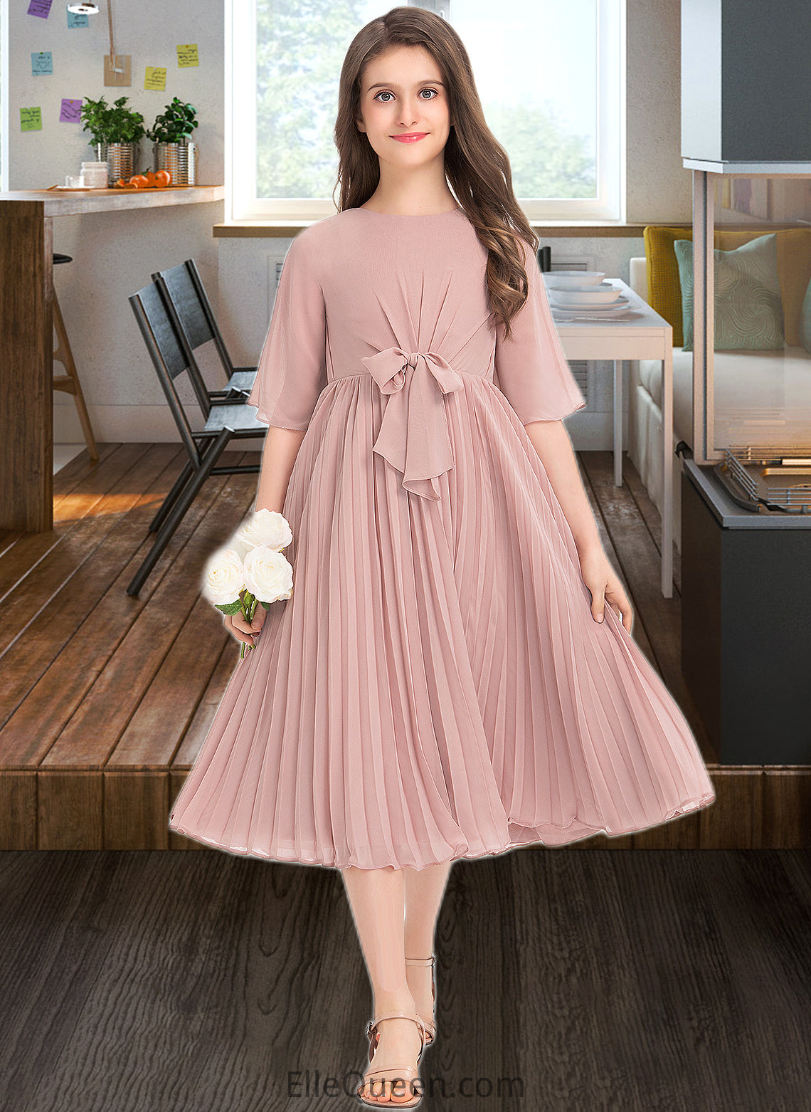 Rosa A-Line Scoop Neck Knee-Length Chiffon Junior Bridesmaid Dress With Bow(s) Pleated DGP0013377