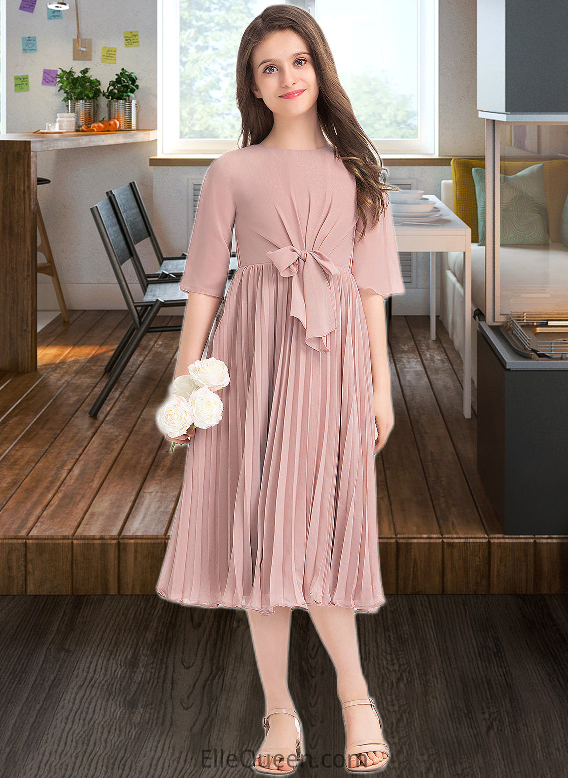 Rosa A-Line Scoop Neck Knee-Length Chiffon Junior Bridesmaid Dress With Bow(s) Pleated DGP0013377