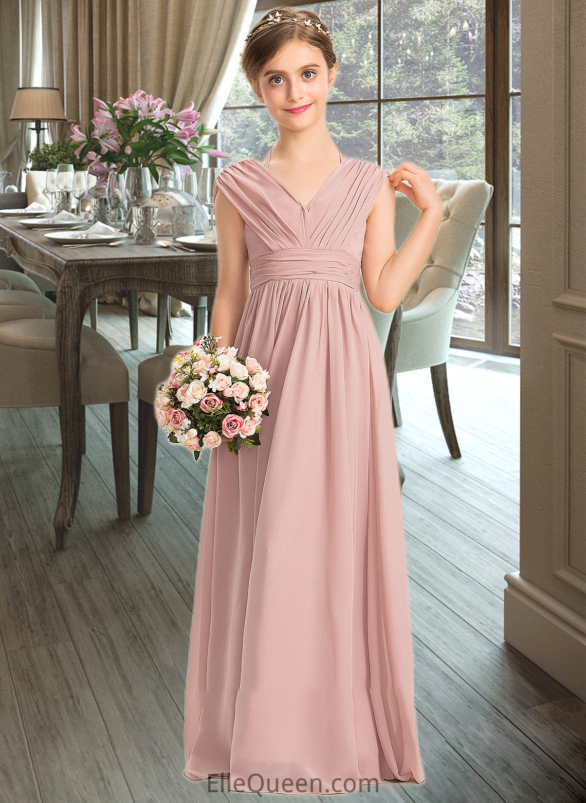 Shaniya A-Line V-neck Floor-Length Chiffon Junior Bridesmaid Dress With Ruffle Bow(s) DGP0013378