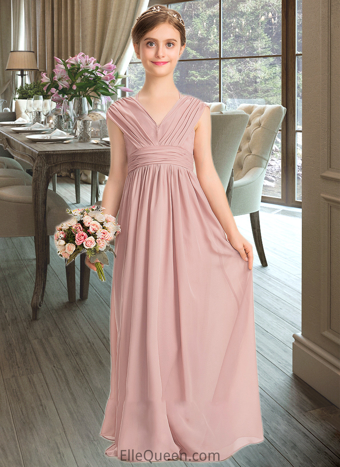 Shaniya A-Line V-neck Floor-Length Chiffon Junior Bridesmaid Dress With Ruffle Bow(s) DGP0013378