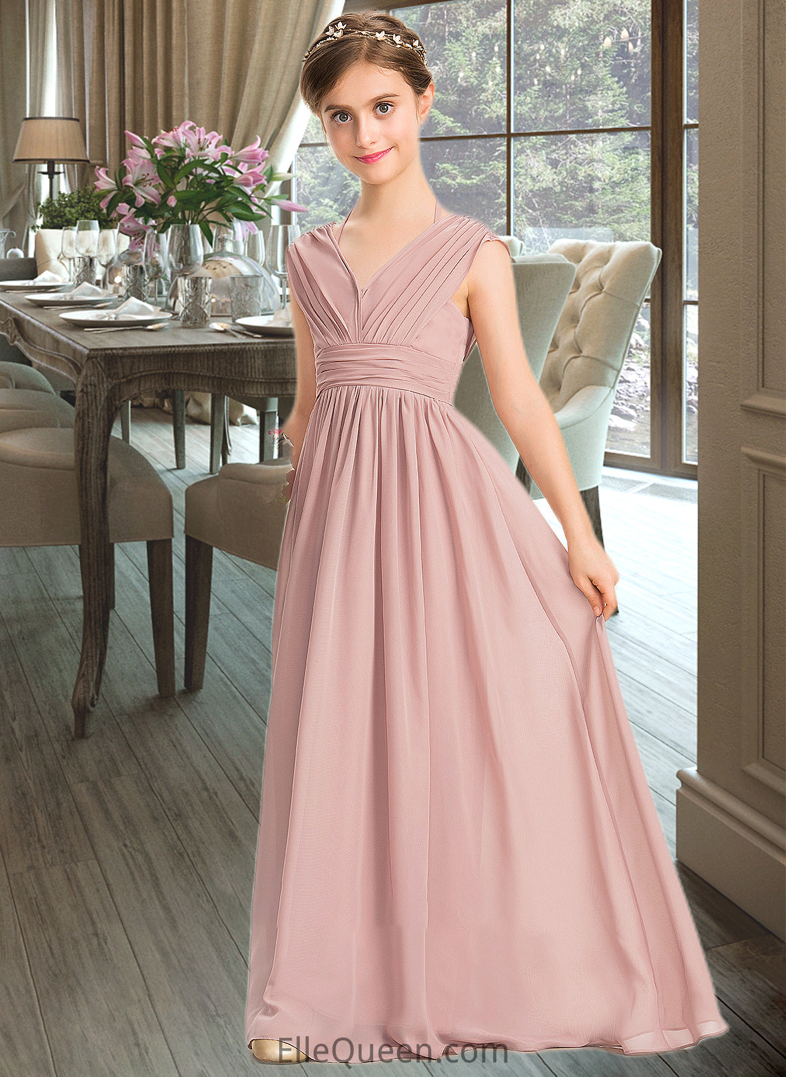 Shaniya A-Line V-neck Floor-Length Chiffon Junior Bridesmaid Dress With Ruffle Bow(s) DGP0013378