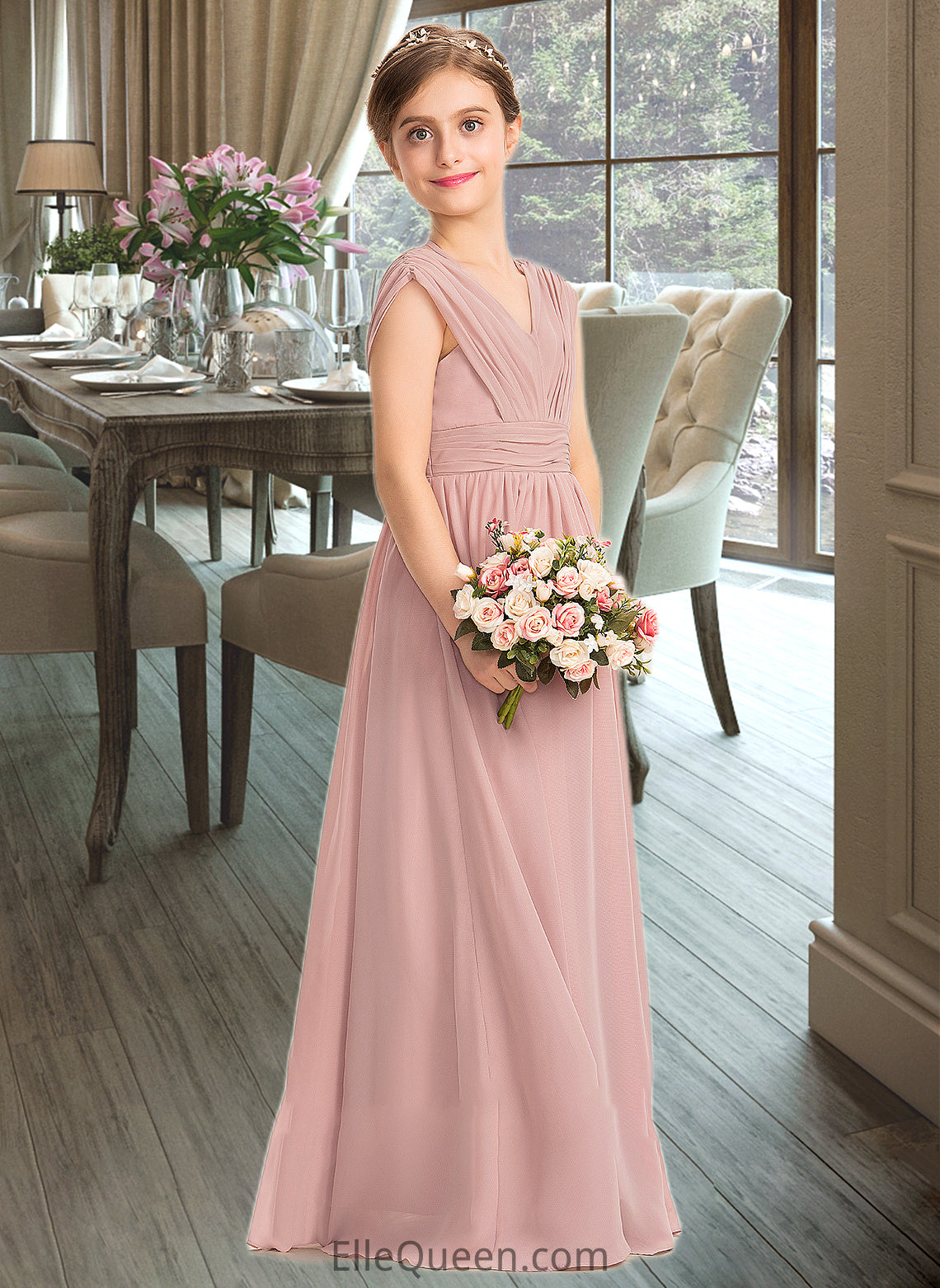 Shaniya A-Line V-neck Floor-Length Chiffon Junior Bridesmaid Dress With Ruffle Bow(s) DGP0013378