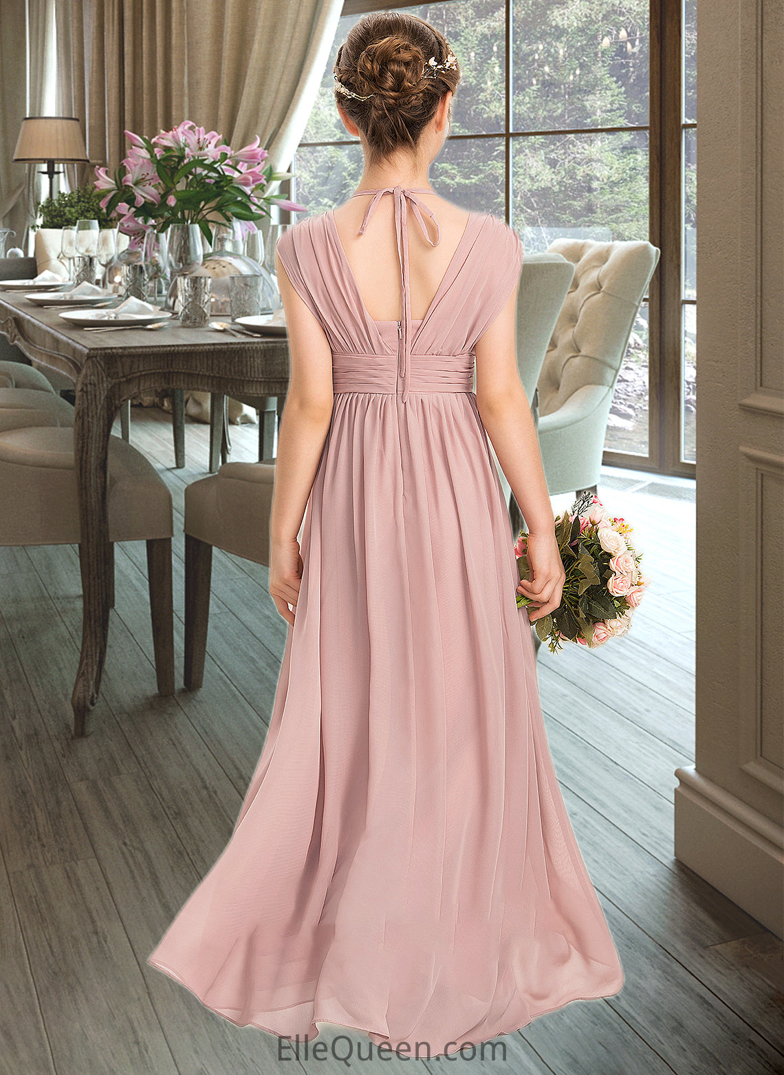 Shaniya A-Line V-neck Floor-Length Chiffon Junior Bridesmaid Dress With Ruffle Bow(s) DGP0013378