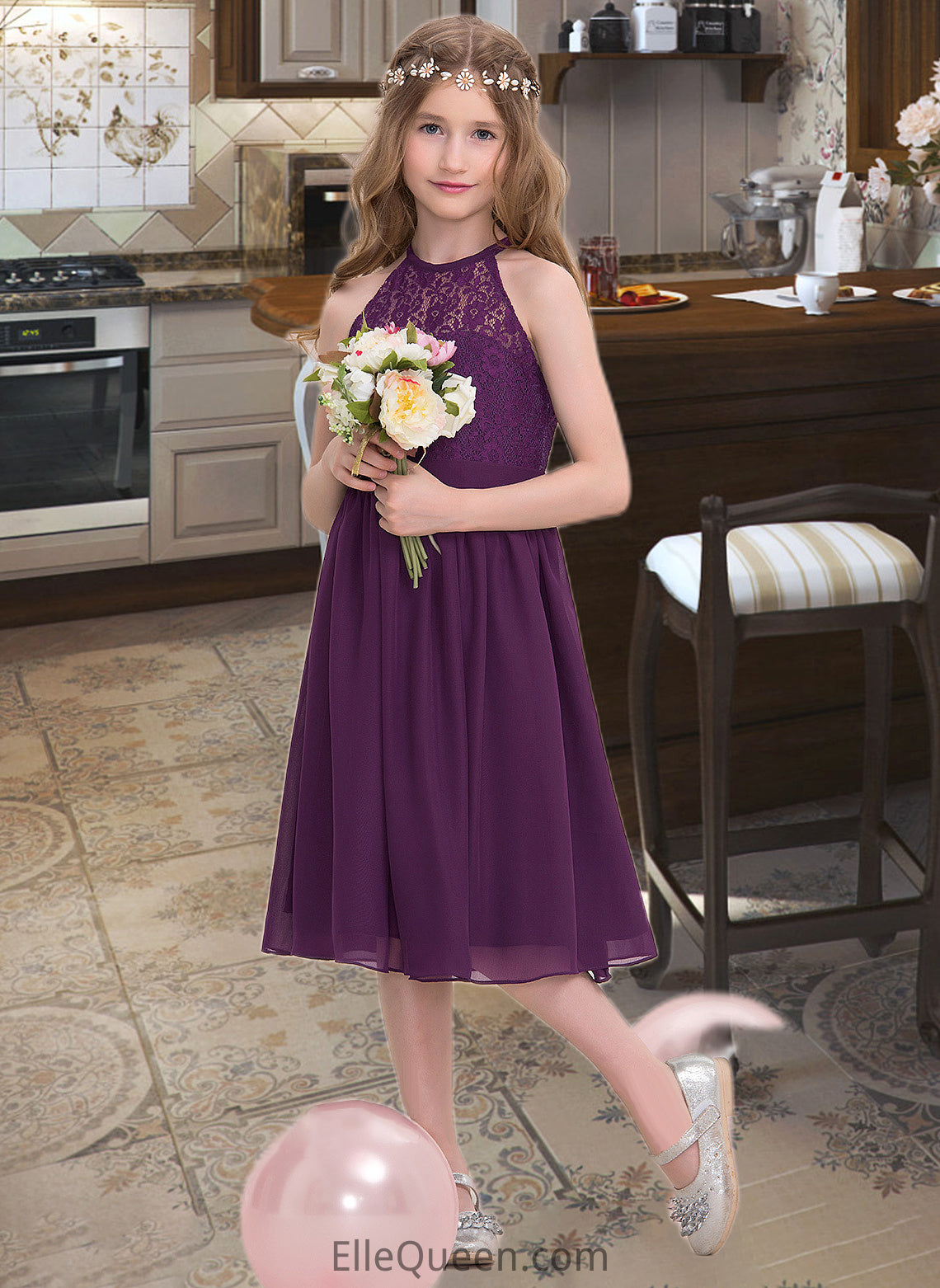 Alexia A-Line Scoop Neck Knee-Length Chiffon Junior Bridesmaid Dress DGP0013379