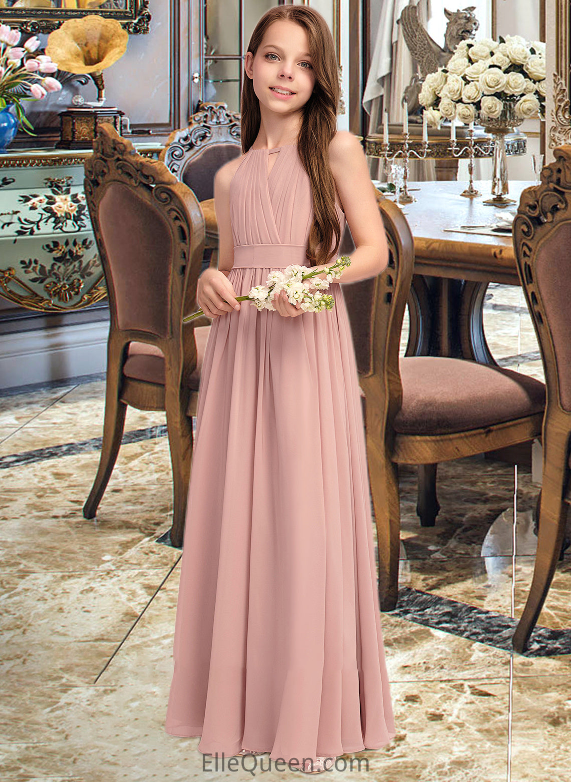 Campbell A-Line Scoop Neck Floor-Length Chiffon Junior Bridesmaid Dress With Ruffle Bow(s) DGP0013380