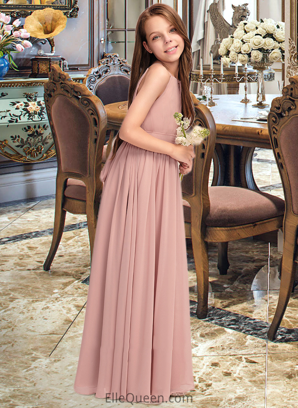 Campbell A-Line Scoop Neck Floor-Length Chiffon Junior Bridesmaid Dress With Ruffle Bow(s) DGP0013380