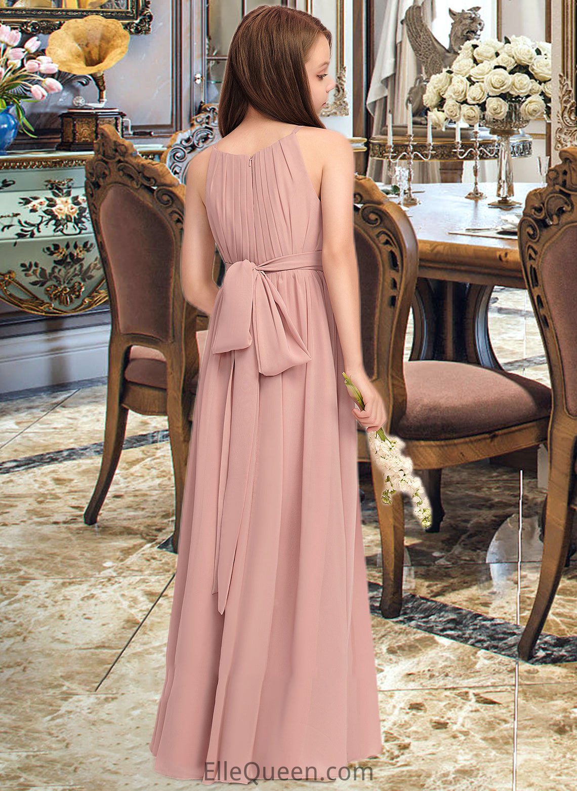 Campbell A-Line Scoop Neck Floor-Length Chiffon Junior Bridesmaid Dress With Ruffle Bow(s) DGP0013380