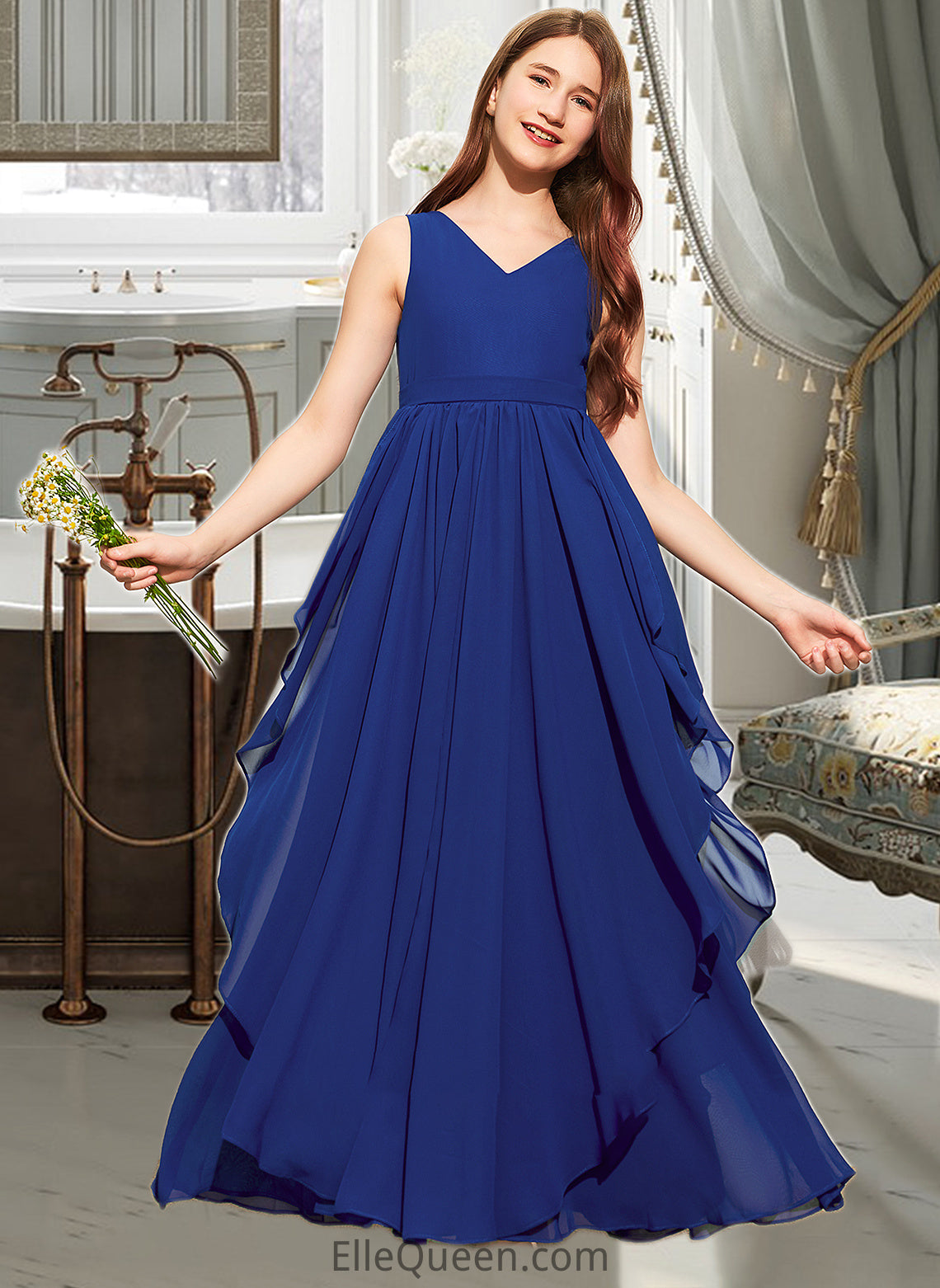 Xiomara A-Line V-neck Floor-Length Chiffon Junior Bridesmaid Dress With Cascading Ruffles DGP0013381