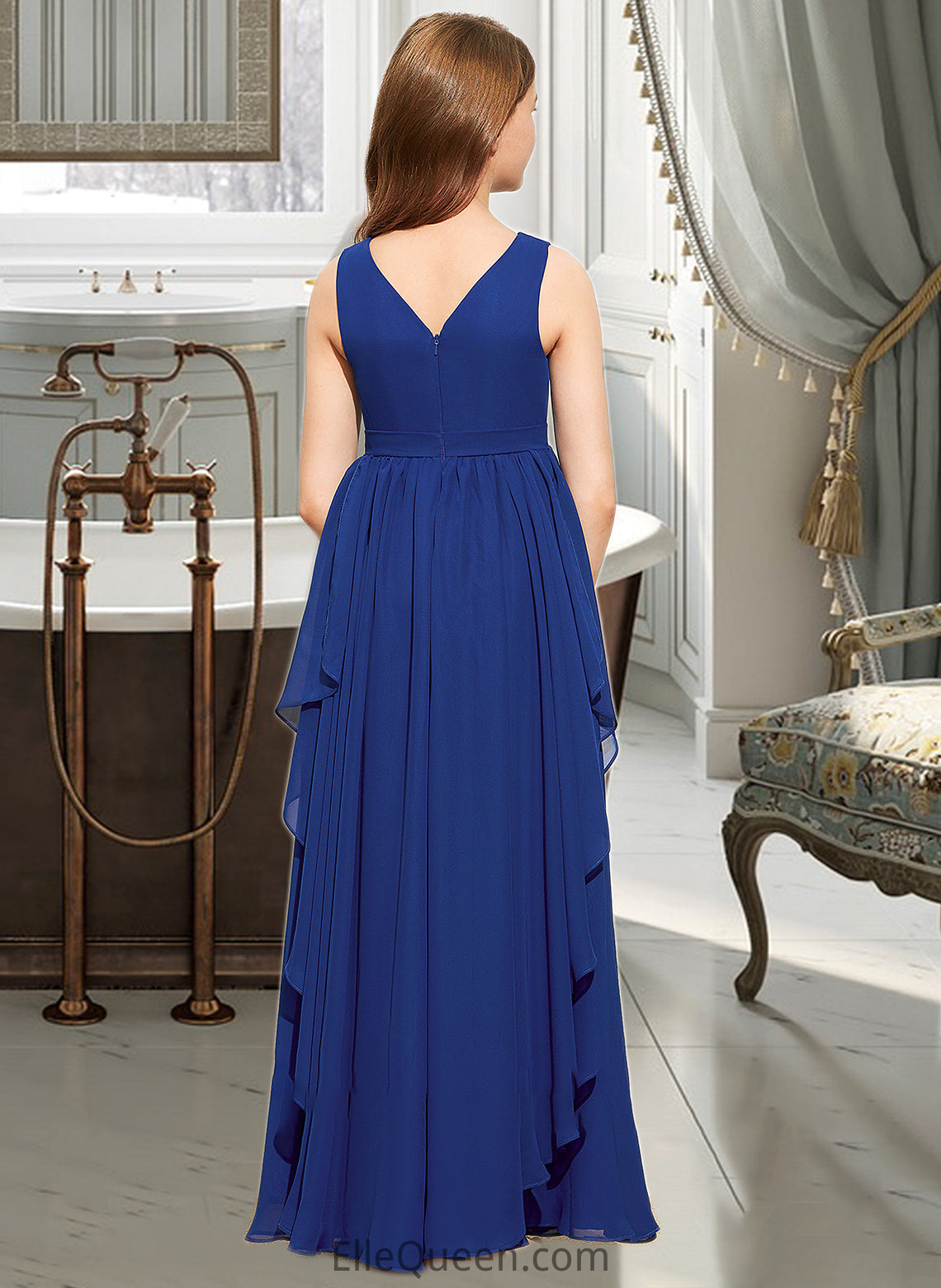 Xiomara A-Line V-neck Floor-Length Chiffon Junior Bridesmaid Dress With Cascading Ruffles DGP0013381