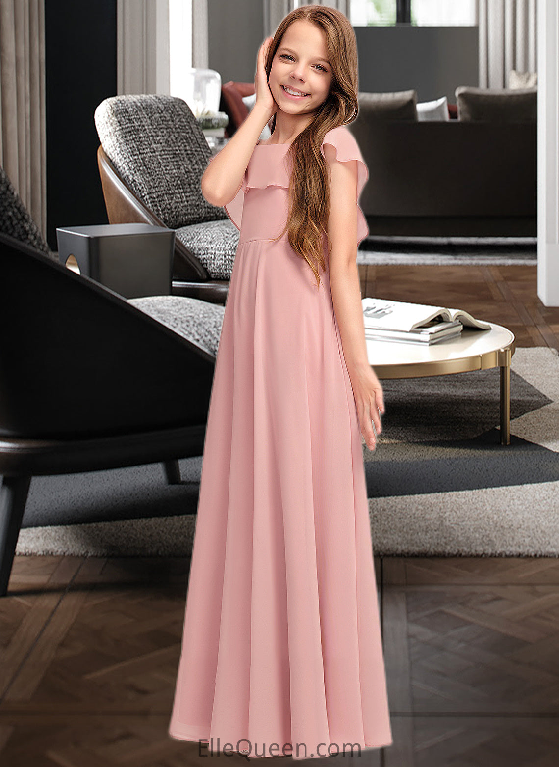 Bella A-Line Scoop Neck Floor-Length Chiffon Junior Bridesmaid Dress With Cascading Ruffles DGP0013382