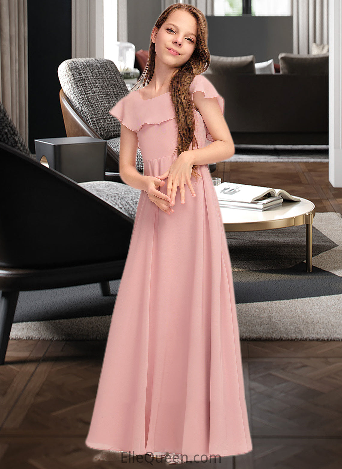 Bella A-Line Scoop Neck Floor-Length Chiffon Junior Bridesmaid Dress With Cascading Ruffles DGP0013382