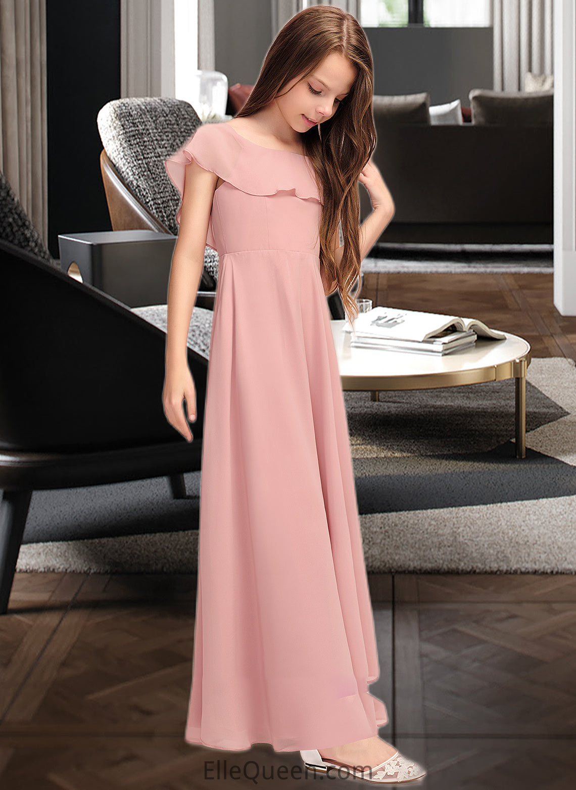 Bella A-Line Scoop Neck Floor-Length Chiffon Junior Bridesmaid Dress With Cascading Ruffles DGP0013382