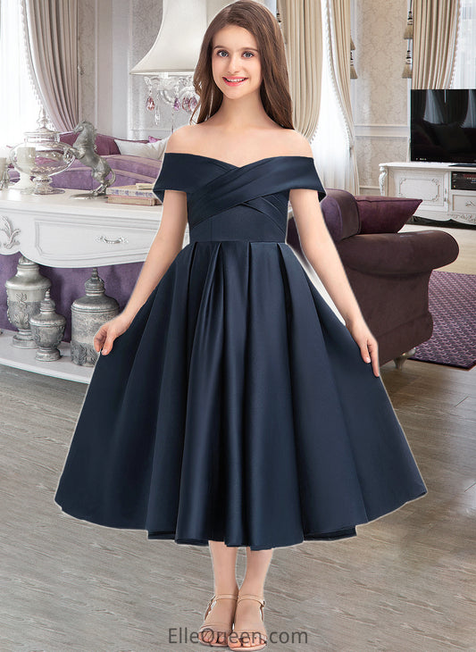 Naima A-Line Off-the-Shoulder Tea-Length Satin Junior Bridesmaid Dress With Ruffle Pockets DGP0013383