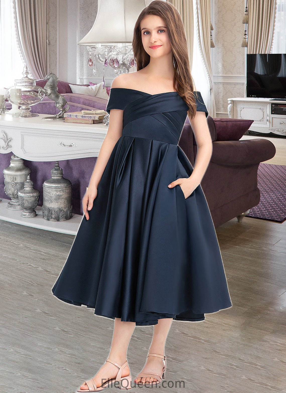 Naima A-Line Off-the-Shoulder Tea-Length Satin Junior Bridesmaid Dress With Ruffle Pockets DGP0013383