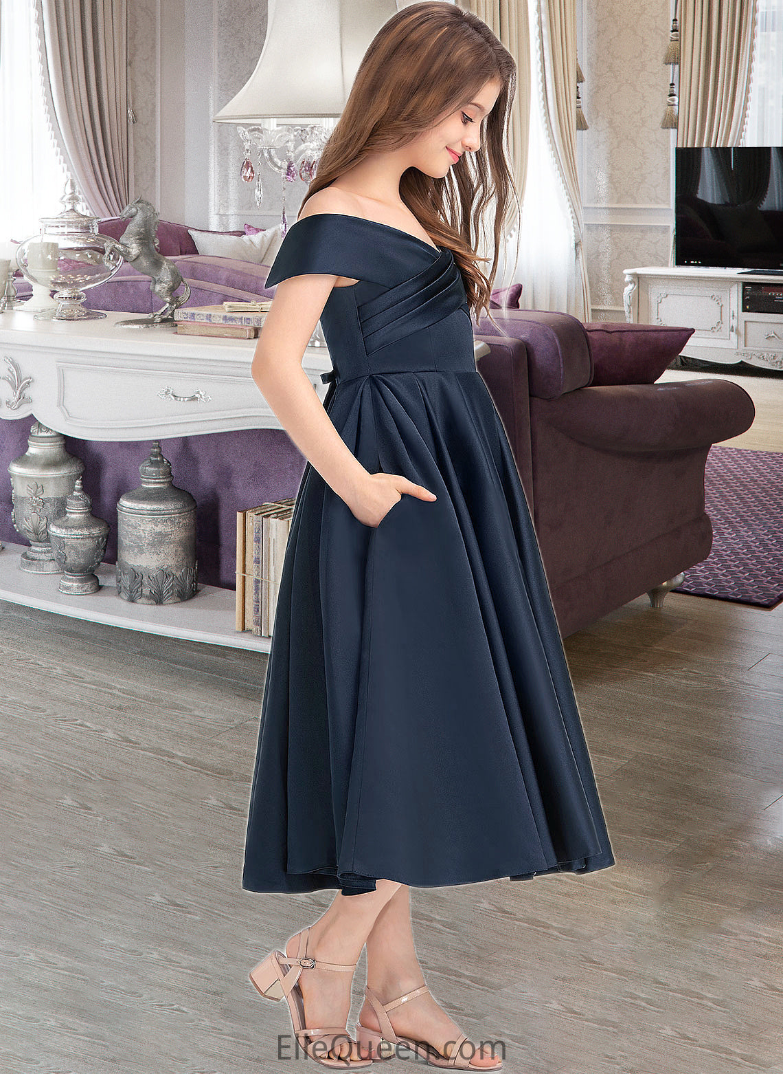 Naima A-Line Off-the-Shoulder Tea-Length Satin Junior Bridesmaid Dress With Ruffle Pockets DGP0013383