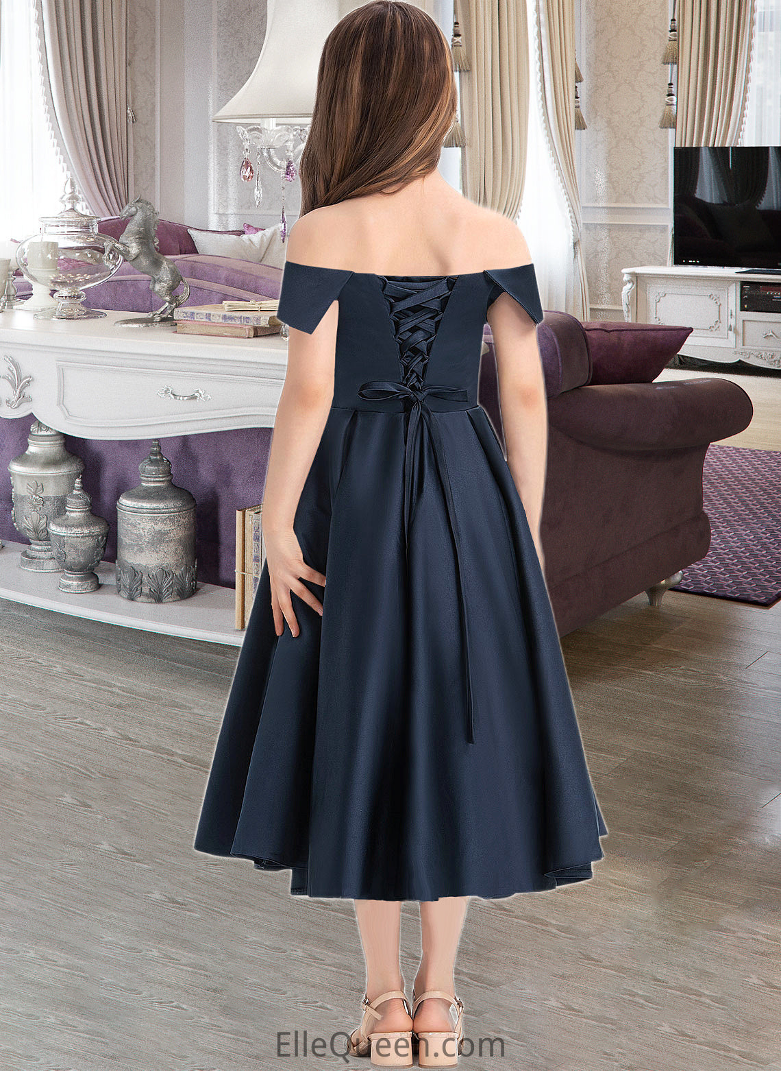 Naima A-Line Off-the-Shoulder Tea-Length Satin Junior Bridesmaid Dress With Ruffle Pockets DGP0013383