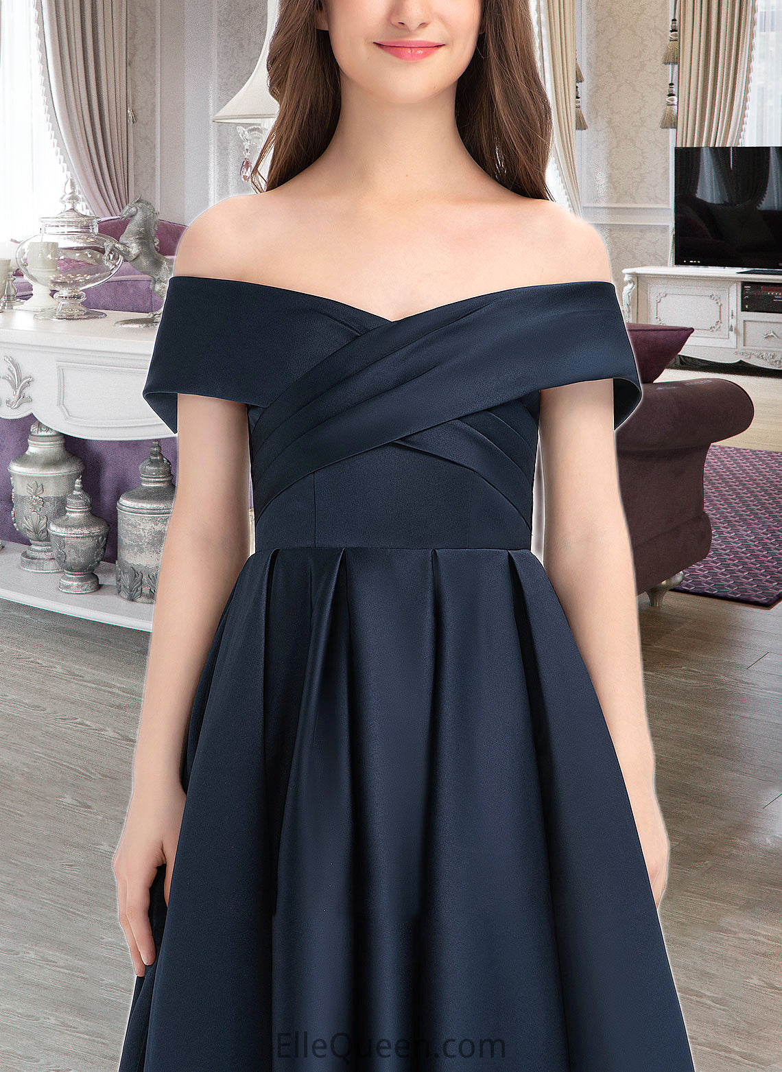 Naima A-Line Off-the-Shoulder Tea-Length Satin Junior Bridesmaid Dress With Ruffle Pockets DGP0013383