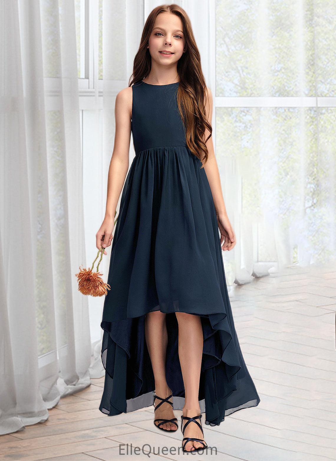 Evelin A-Line Scoop Neck Asymmetrical Chiffon Junior Bridesmaid Dress DGP0013384