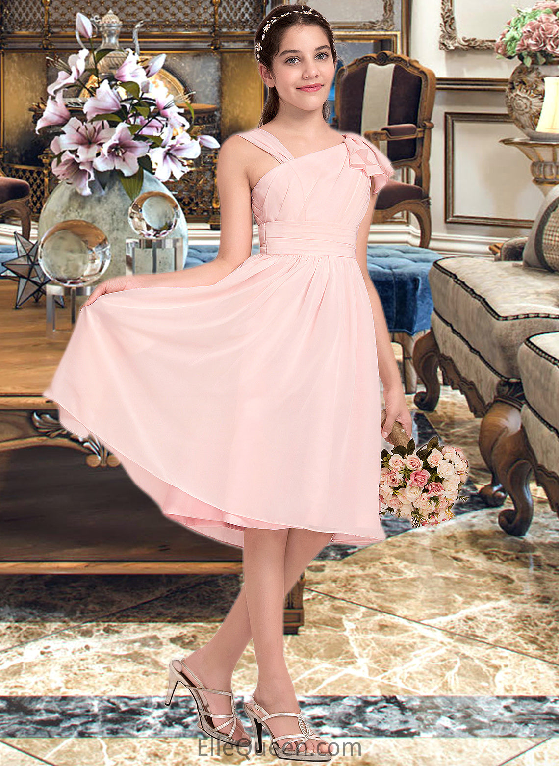 Kenzie A-Line V-neck Knee-Length Chiffon Junior Bridesmaid Dress With Cascading Ruffles DGP0013386