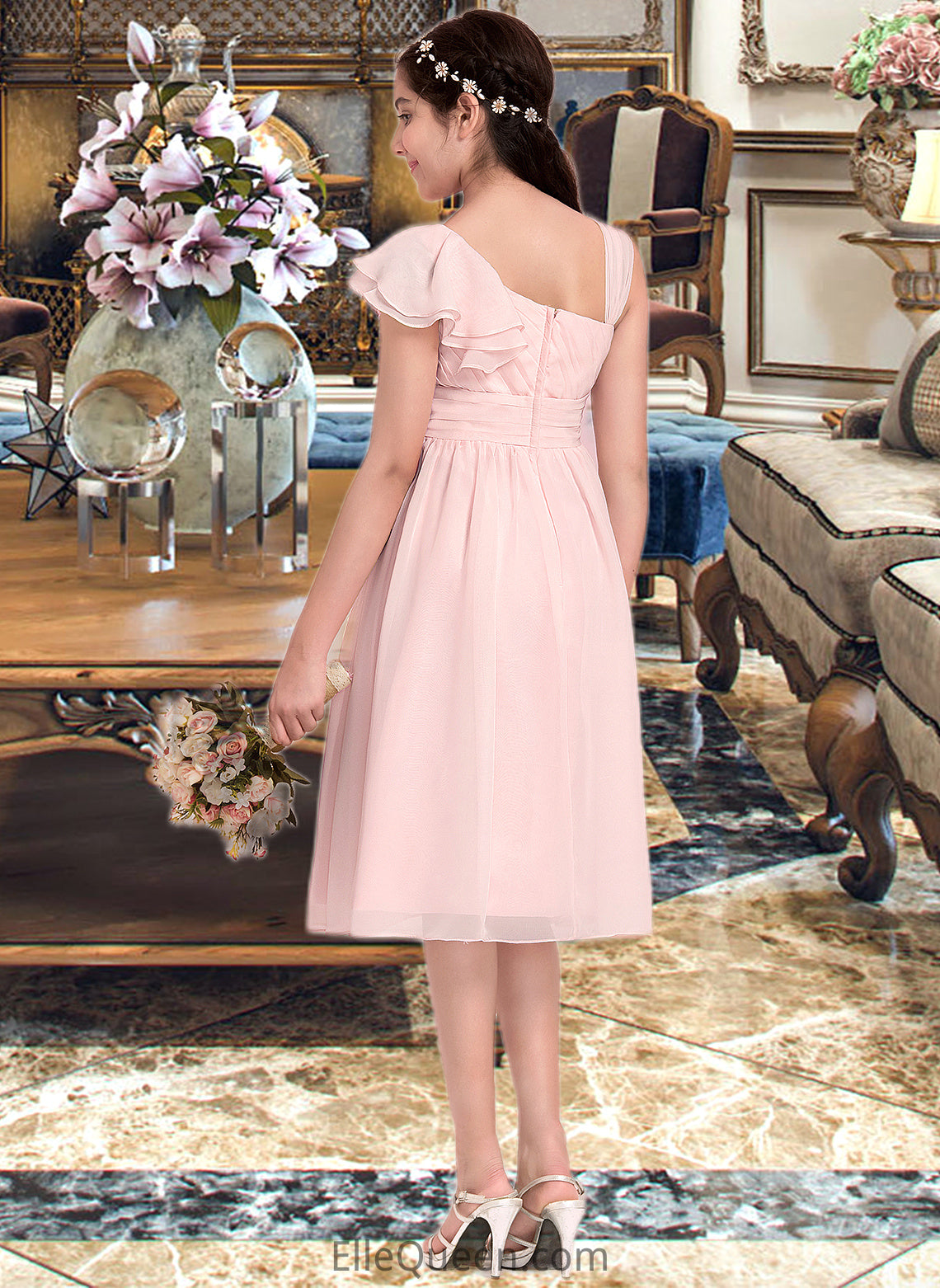 Kenzie A-Line V-neck Knee-Length Chiffon Junior Bridesmaid Dress With Cascading Ruffles DGP0013386