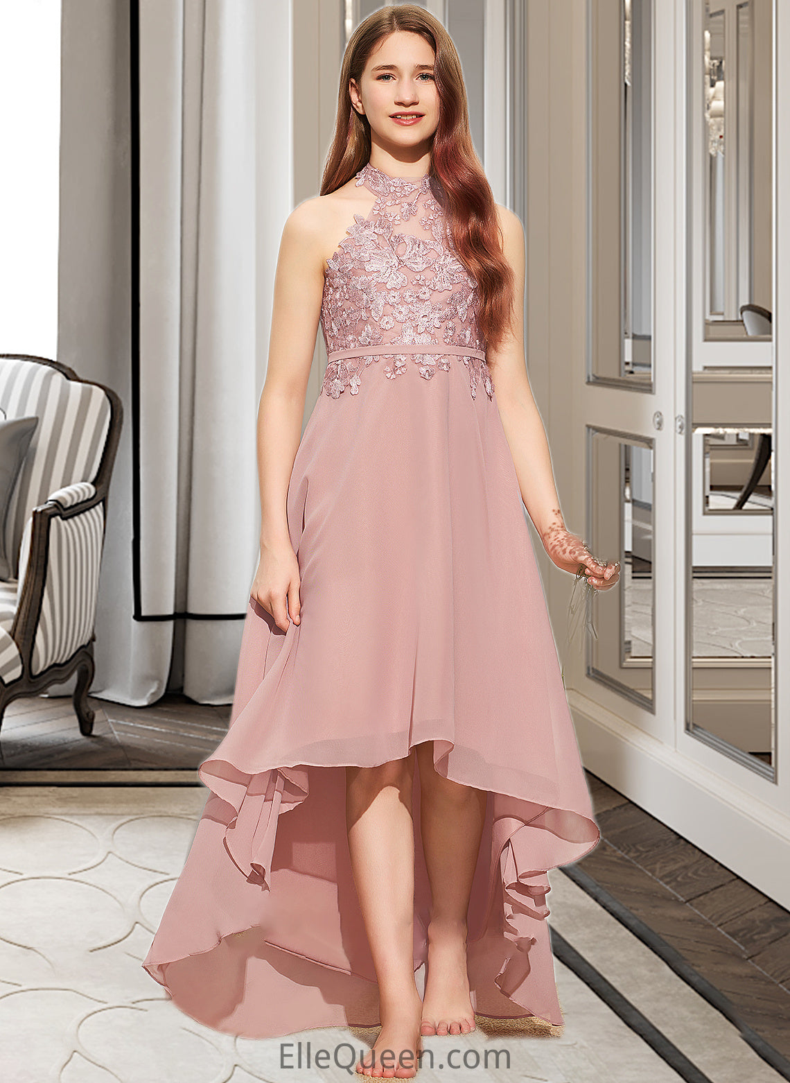 Izabelle A-Line Scoop Neck Asymmetrical Chiffon Lace Junior Bridesmaid Dress DGP0013388