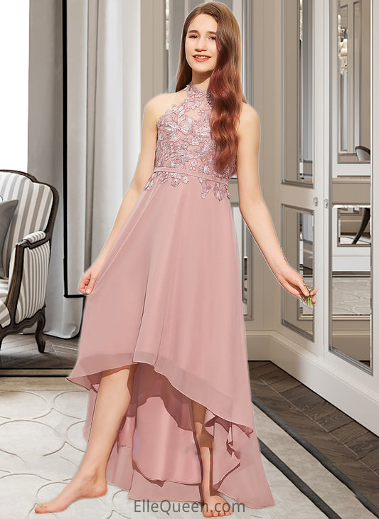 Izabelle A-Line Scoop Neck Asymmetrical Chiffon Lace Junior Bridesmaid Dress DGP0013388