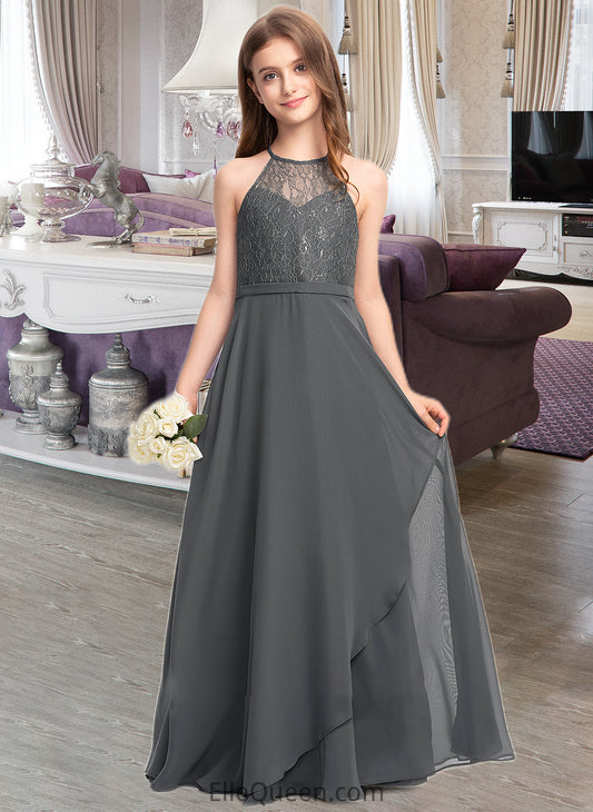 Andrea A-Line Scoop Neck Floor-Length Chiffon Lace Junior Bridesmaid Dress With Cascading Ruffles DGP0013389