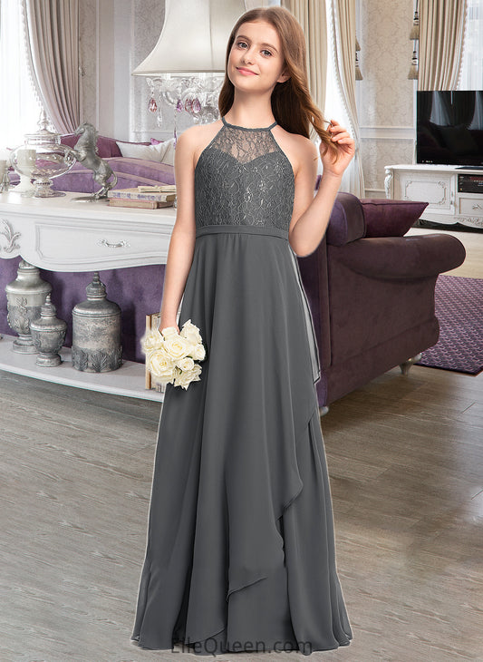 Andrea A-Line Scoop Neck Floor-Length Chiffon Lace Junior Bridesmaid Dress With Cascading Ruffles DGP0013389