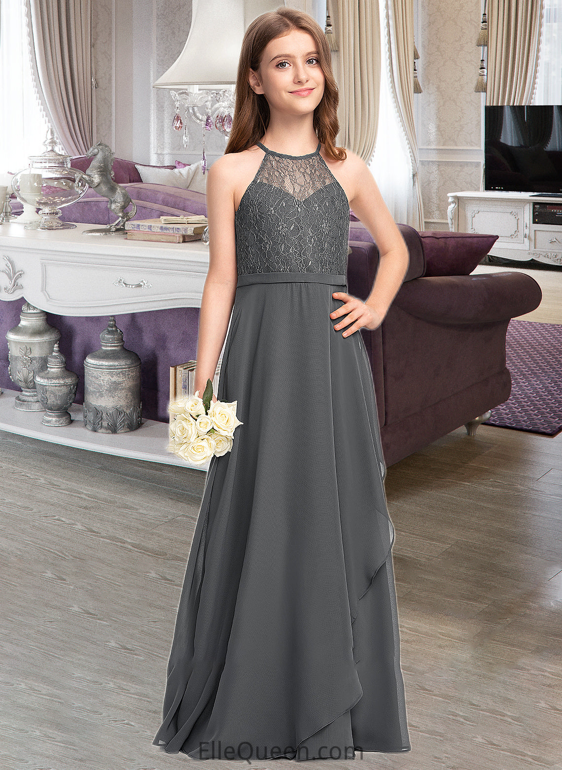 Andrea A-Line Scoop Neck Floor-Length Chiffon Lace Junior Bridesmaid Dress With Cascading Ruffles DGP0013389