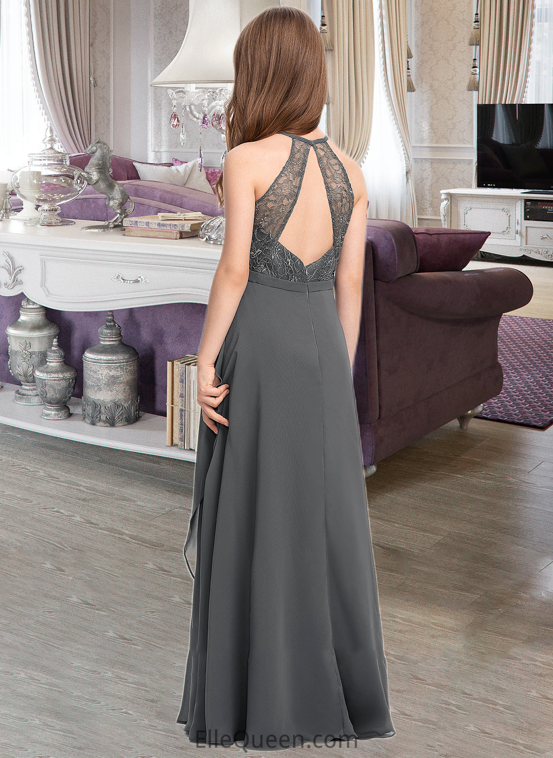 Andrea A-Line Scoop Neck Floor-Length Chiffon Lace Junior Bridesmaid Dress With Cascading Ruffles DGP0013389