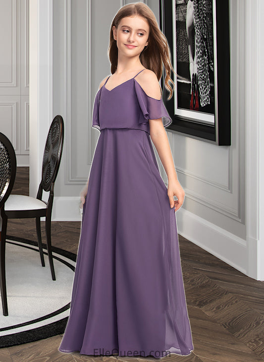 Esme A-Line V-neck Floor-Length Chiffon Junior Bridesmaid Dress DGP0013390