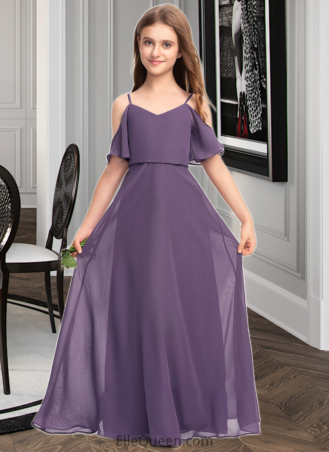 Esme A-Line V-neck Floor-Length Chiffon Junior Bridesmaid Dress DGP0013390