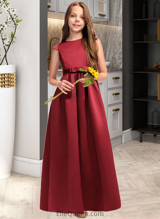 Melinda A-Line Scoop Neck Floor-Length Satin Junior Bridesmaid Dress With Bow(s) Pockets DGP0013391