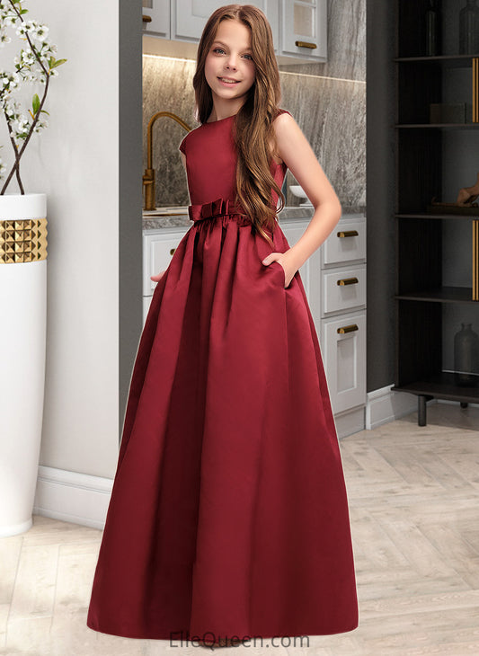 Melinda A-Line Scoop Neck Floor-Length Satin Junior Bridesmaid Dress With Bow(s) Pockets DGP0013391