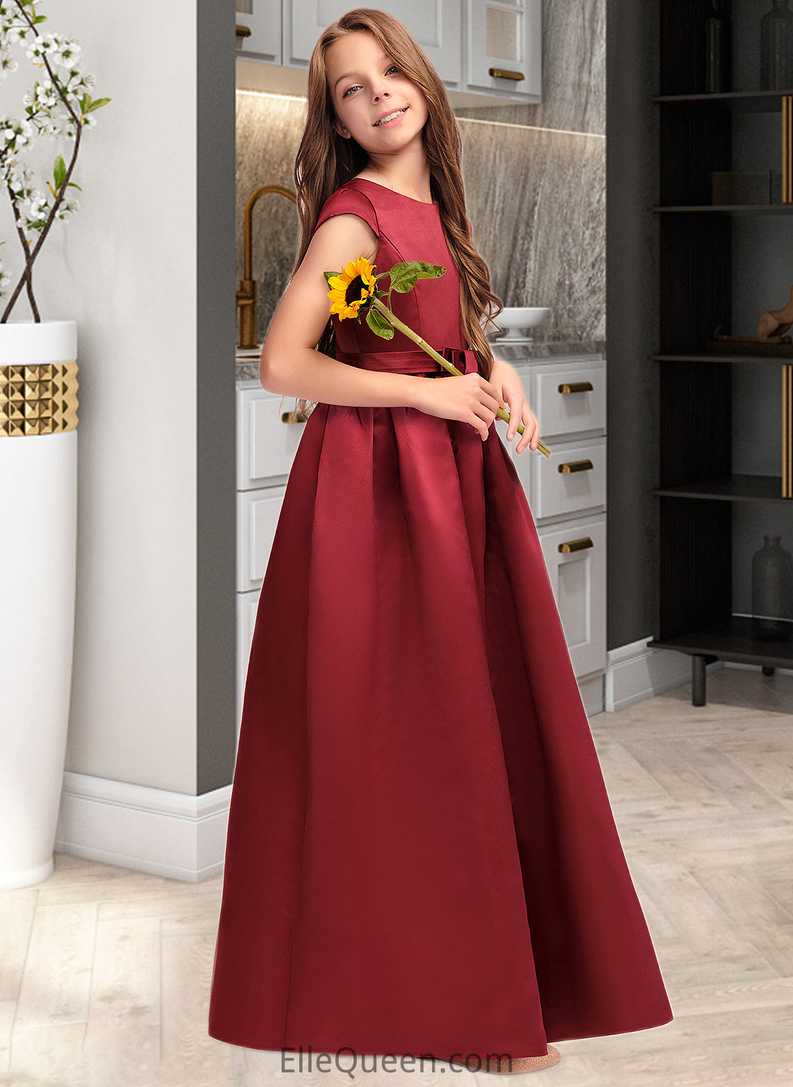 Melinda A-Line Scoop Neck Floor-Length Satin Junior Bridesmaid Dress With Bow(s) Pockets DGP0013391