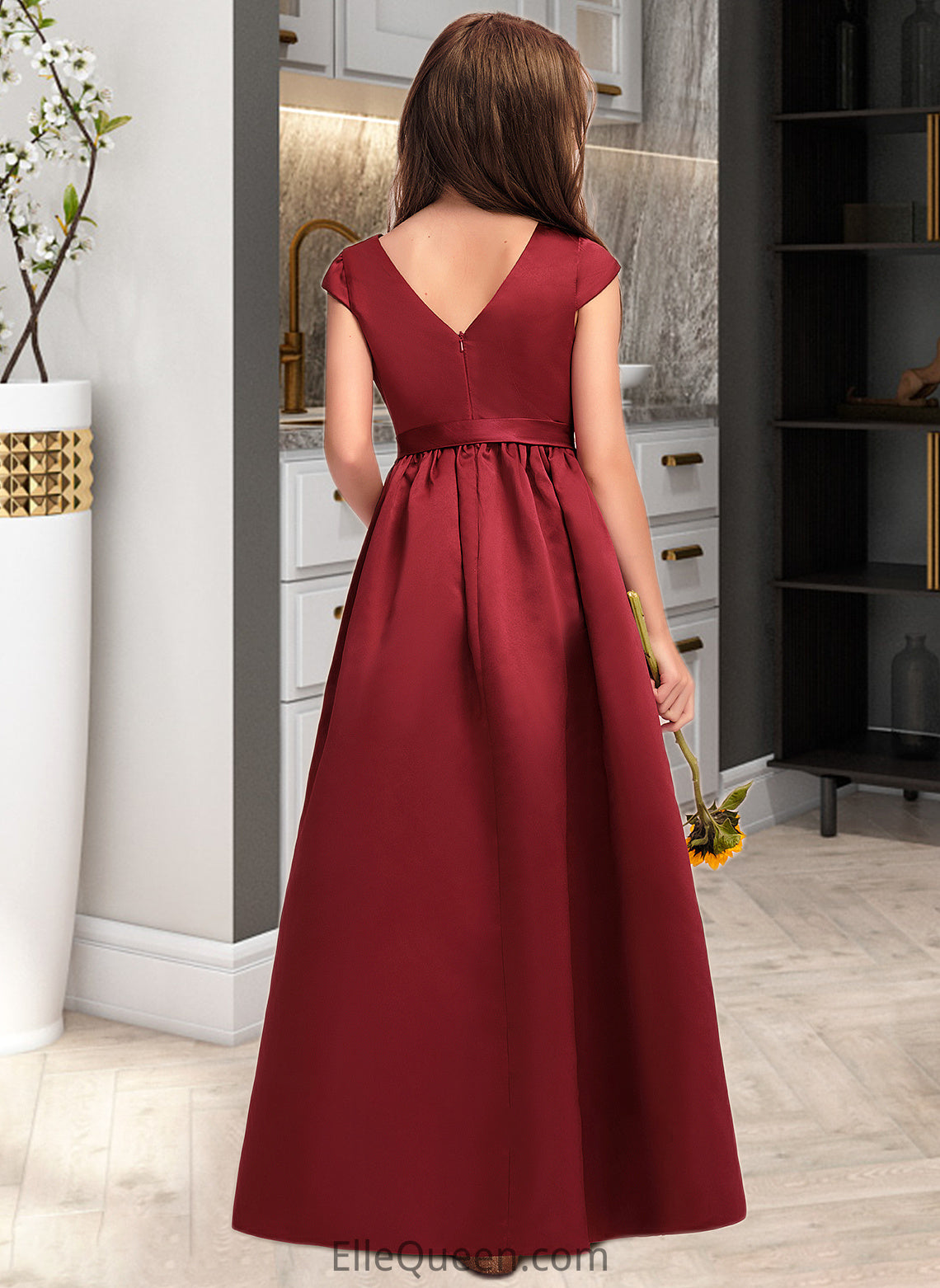 Melinda A-Line Scoop Neck Floor-Length Satin Junior Bridesmaid Dress With Bow(s) Pockets DGP0013391