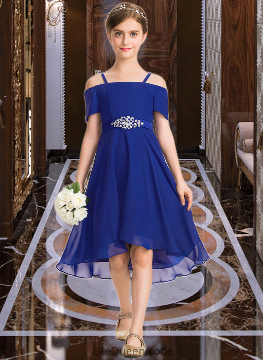 Maureen A-Line Off-the-Shoulder Asymmetrical Chiffon Junior Bridesmaid Dress With Beading Bow(s) DGP0013392